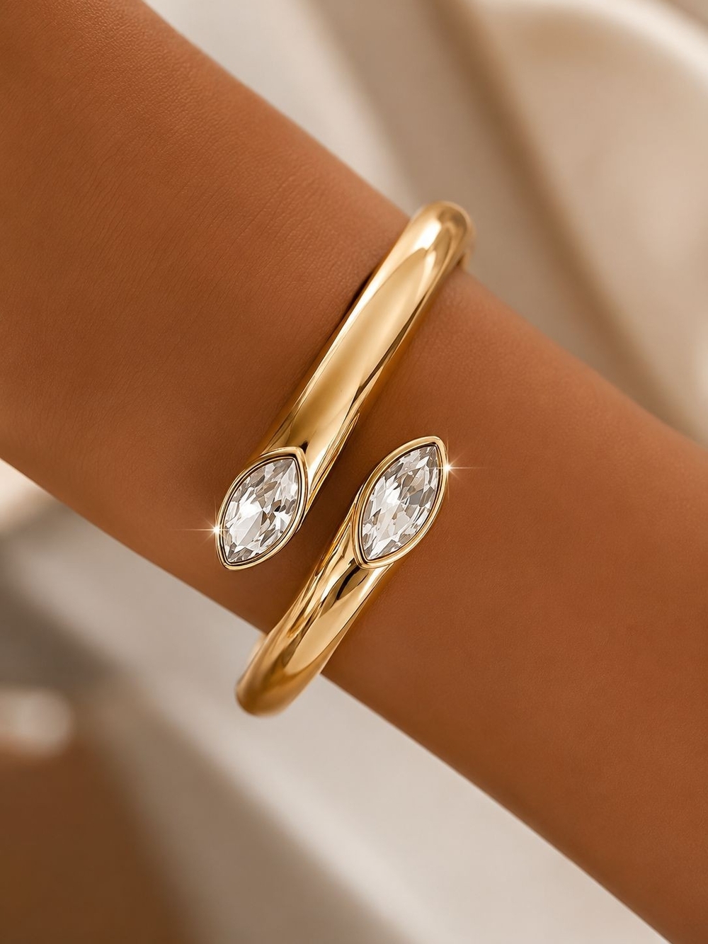 Gold Tone Crystal Terminated Cuff Bracelet - Picture 2 of 9